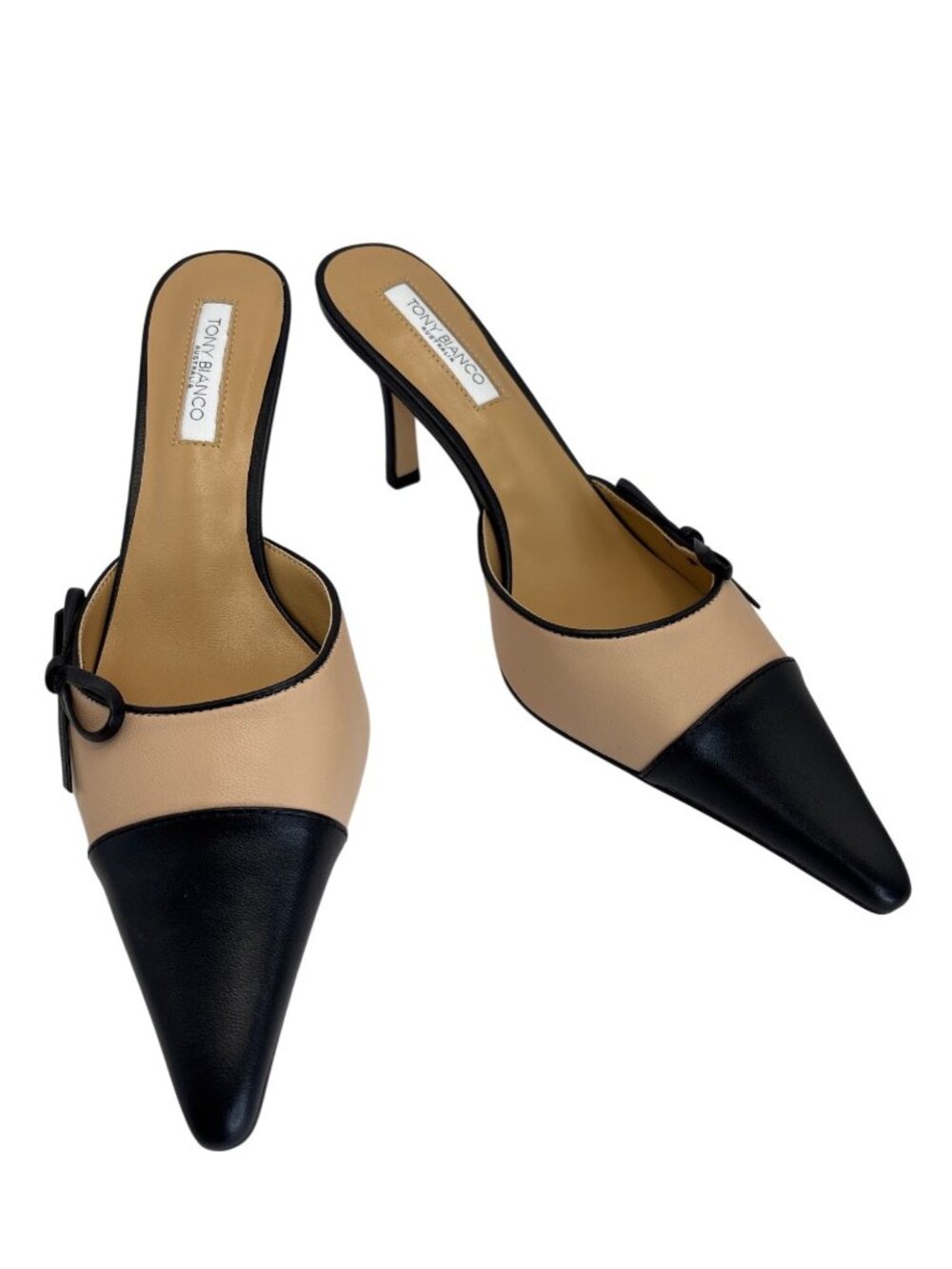 Tony Bianco Australia Shirley Leather Mule Pointed Cap Toe Bow Tan Black 8 NEW